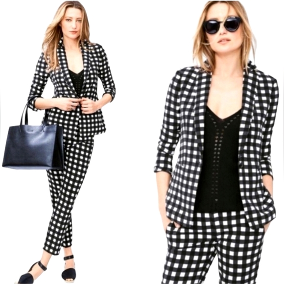 Nwot Banana Republic Dark Navy Black/White Gingham Collared Blazer - Picture 3 of 17